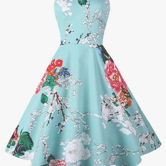 Dresses & Skirts - Retro Spaghetti Strap picnic dress Light blue with painted floral print. NWOT